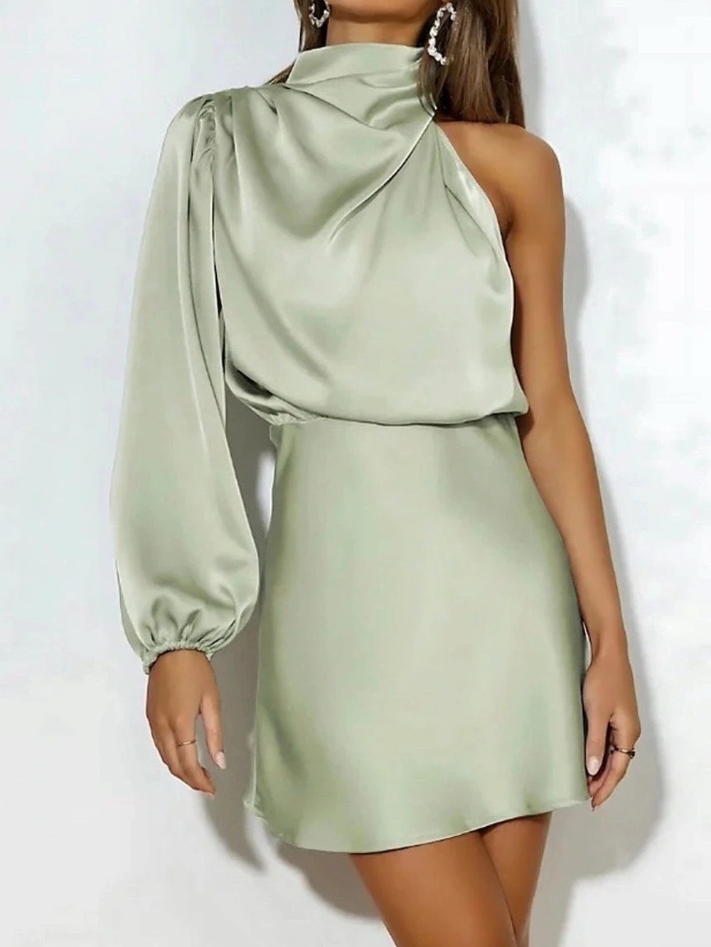 KOUNAI Satin Long Sleeve One Shoulder Mini Dress
